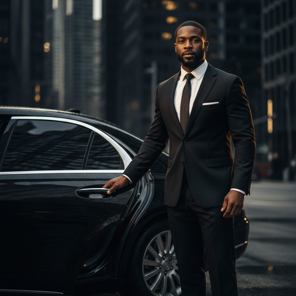 Professional Black American chauffeur beside luxury vehicle